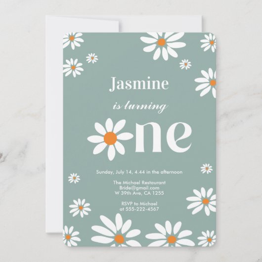 Invitation Sage Green Retro Super Daisy Florals 1er anniversa (Devant)