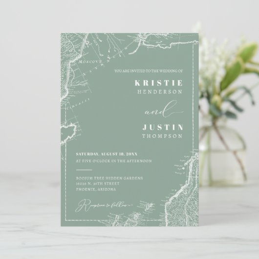 Invitation Sage Green Retro Voyage QR Code Mariage photo (Debout devant)