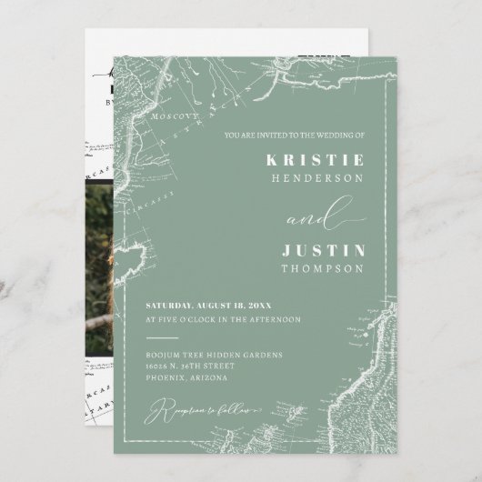 Invitation Sage Green Retro Voyage QR Code Mariage photo (Devant / Derrière)