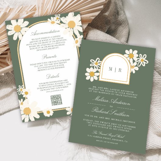 Invitation Sage Green Retro Yellow Daisy All in One Wedding