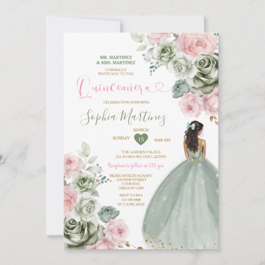 Invitation Sage Green & Rose Princesse Floral Gold Quiñceaner (Devant)