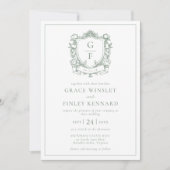 Invitation Sage Green Roses français Monogram Crest Mariage (Devant)