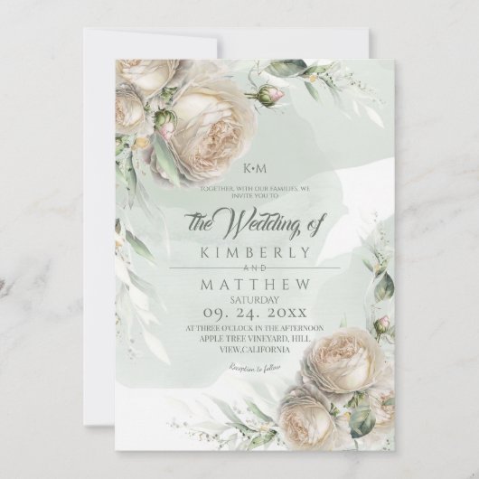 Invitation Sage Green Roses Greenery Wedding (Devant)