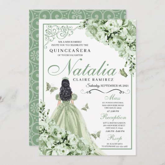 Invitation Sage Green Roses Princesse Robe Quinceanera (Devant / Derrière)