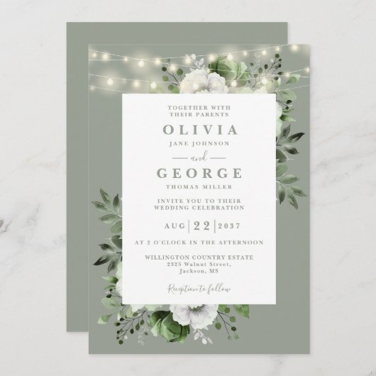 Invitation Sage Green Rustic String éclaire le Mariage floral (Devant / Derrière)