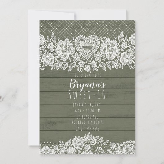 Invitation Sage Green Rustic Wood & Lace Sweet 16 Anniversair (Devant)