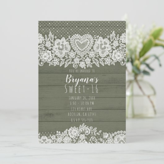 Invitation Sage Green Rustic Wood & Lace Sweet 16 Anniversair (Debout devant)