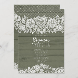Invitation Sage Green Rustic Wood & Lace Sweet 16 Anniversair