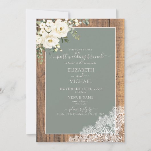 Invitation Sage Green Rustic Wood Script Post Mariage Brunch (Devant)