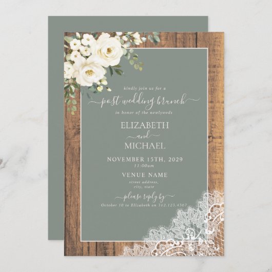 Invitation Sage Green Rustic Wood Script Post Mariage Brunch (Devant / Derrière)