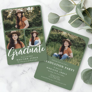 Invitation Sage Green Script 4 Photos Graduation Party
