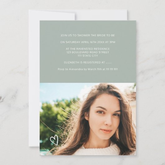 Invitation Sage green script coeur 4 photos douche nuptiale (Dos)