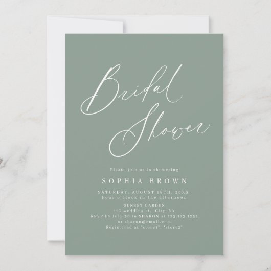 Invitation Sage Green script moderne minimum douche nuptiale (Devant)