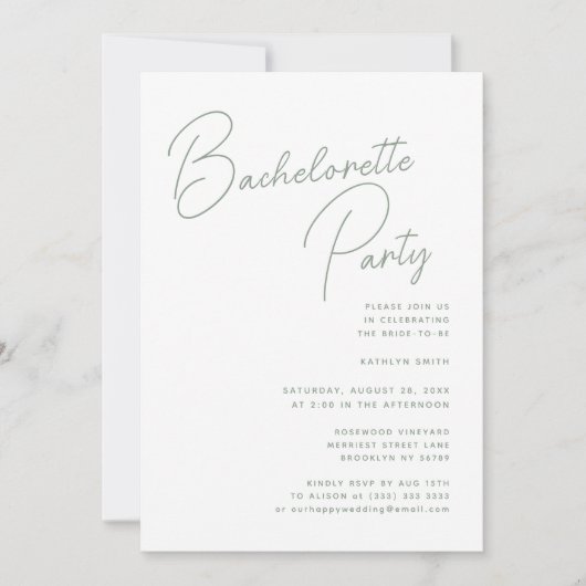 Invitation Sage Green Script Whimsical Bachelorette Party (Devant)