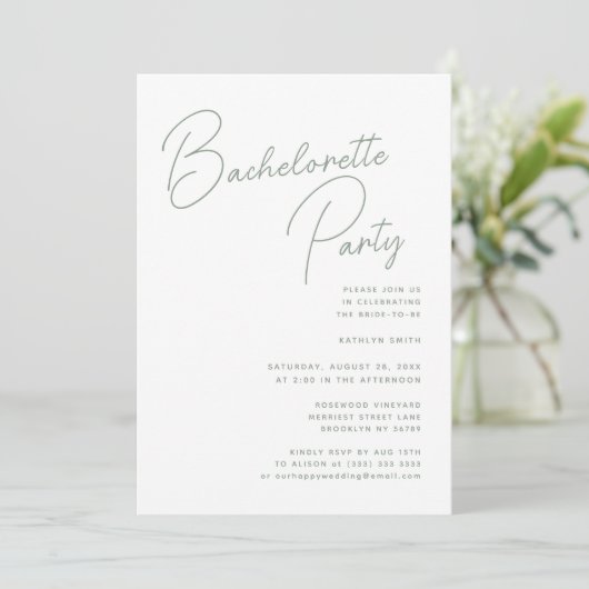 Invitation Sage Green Script Whimsical Bachelorette Party (Debout devant)