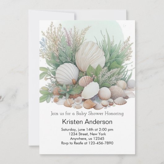 Invitation Sage Green Seashell Dreamy Baby shower (Devant)
