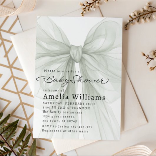 Invitation Sage Green Sheer Bow Minimal Baby Shower