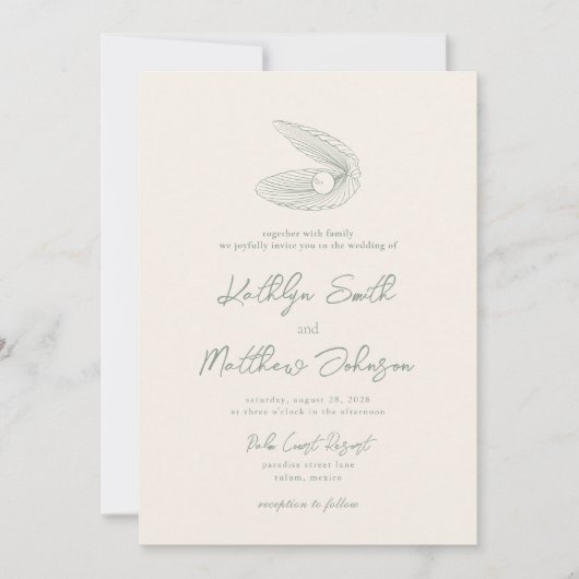 Invitation Sage Green Shell Beach Ocean Destination Mariage (Devant)