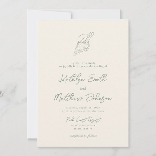 Invitation Sage Green Shell Beach Ocean Destination Mariage (Devant)