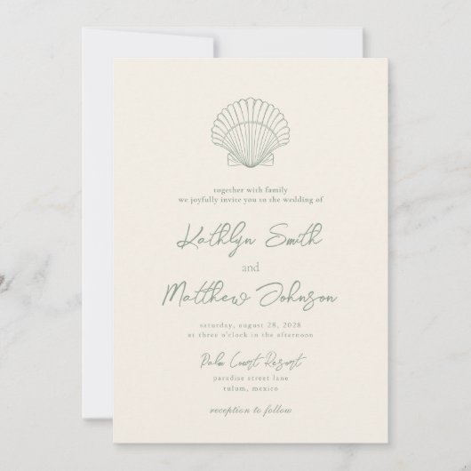 Invitation Sage Green Shell Beach Ocean Destination Mariage (Devant)