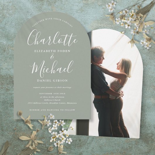 Invitation Sage Green Signature Script Photo Arche Mariage