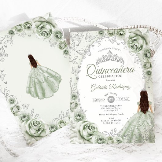 Invitation Sage Green Silver Floral Quinceanera