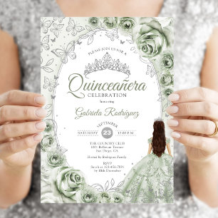 Invitation Sage Green Silver Floral Quinceanera