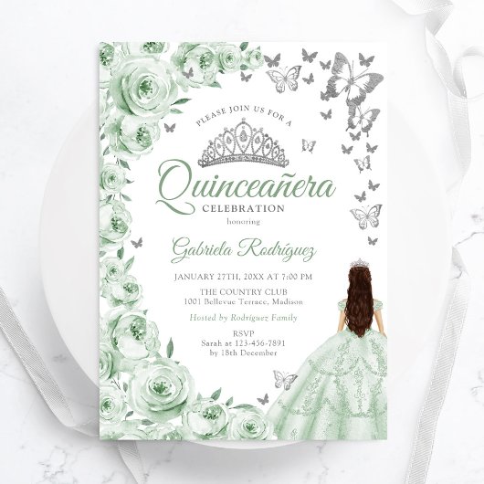 Invitation Sage Green Silver Floral Quinceanera