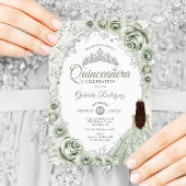 Invitation Sage Green Silver Floral Quinceanera