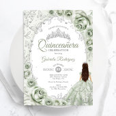 Invitation Sage Green Silver Floral Quinceanera