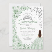 Invitation Sage Green Silver Floral Quinceanera (Devant)