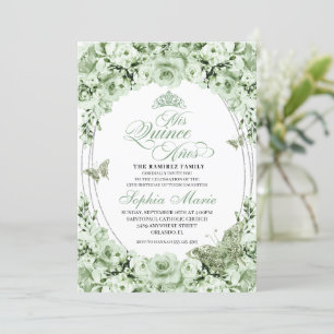 Invitation Sage Green Silver Floral Tiara Quinceanera