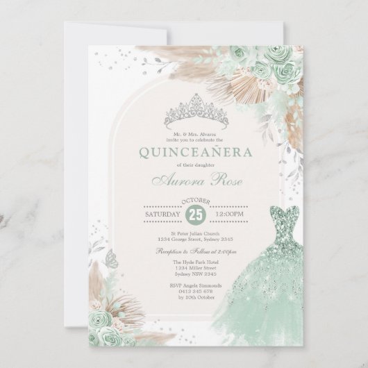 Invitation Sage Green Silver Quinceañera Boho 15e anniversair (Devant)