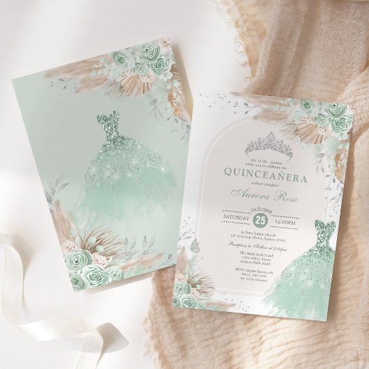Invitation Sage Green Silver Quinceañera Boho 15e anniversair