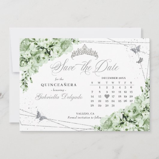 Invitation Sage Green & Silver Quinceañera Enregistrer La Dat (Devant)