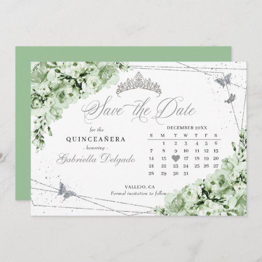 Invitation Sage Green & Silver Quinceañera Enregistrer La Dat (Devant / Derrière)