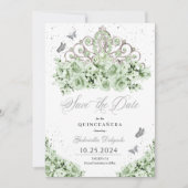 Invitation Sage Green Silver Tiara Enregistrer La Date Quince (Devant)