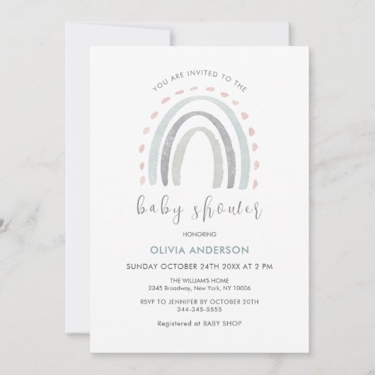 Invitation Sage Green Simple Boho Rainbow Girl Baby shower (Devant)