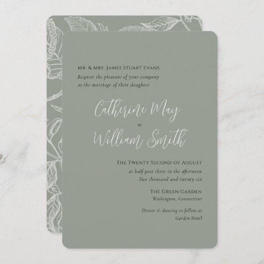 Invitation Sage Green Simple Élégant Calligraphie Formelle (Devant / Derrière)