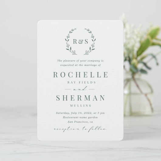 Invitation Sage Green Simple Feuille Russe Mariage Monogramme (Debout devant)