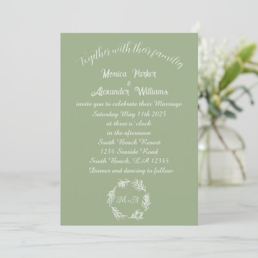 Invitation Sage Green Simple Moderne Mariage Monogramme (Debout devant)