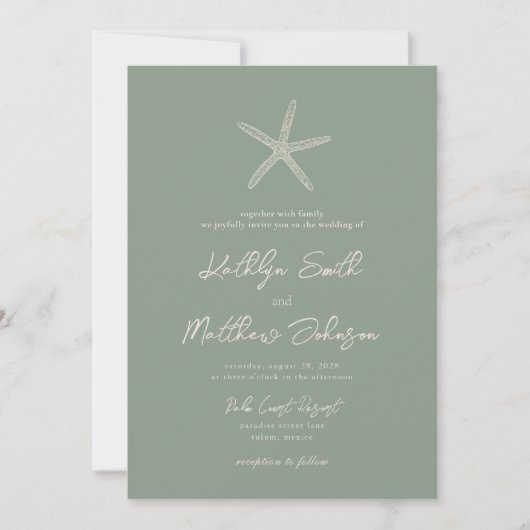 Invitation Sage Green Starfish Beach Destination Mariage (Devant)