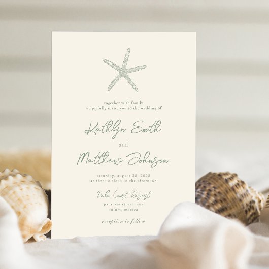 Invitation Sage Green Starfish Beach Destination Mariage