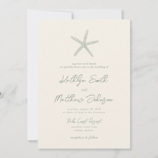 Invitation Sage Green Starfish Beach Destination Mariage (Devant)