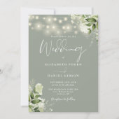 Invitation Sage Green String éclaire Floral QR Code Mariage (Devant)