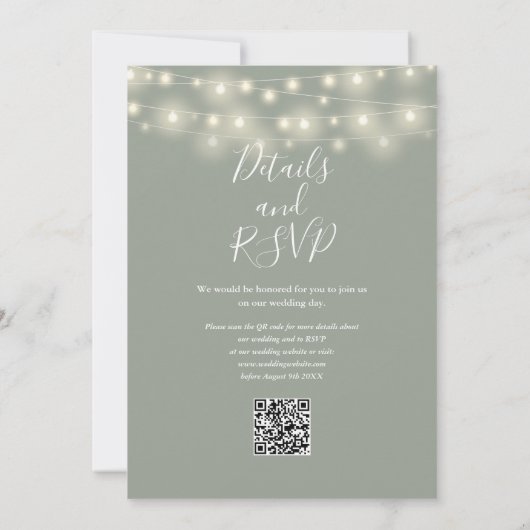 Invitation Sage Green String éclaire Floral QR Code Mariage (Dos)