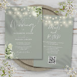 Invitation Sage Green String éclaire Floral QR Code Mariage<br><div class="desc">Cet élégant faire-part de mariage vert sauge,  avec de jolies lampes à cordes et une verdure fleurie,  peut être personnalisé avec vos informations en typographie chic avec les détails de votre site mariage et votre code QR au verso. Conçu par Thisisnotme©</div>