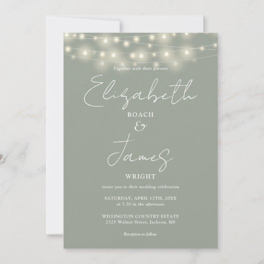 Invitation Sage Green String Lights Élégant Mariage de script (Devant)