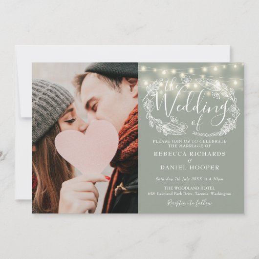 Invitation Sage Green String Lights Photo Tout en un Mariage (Devant)