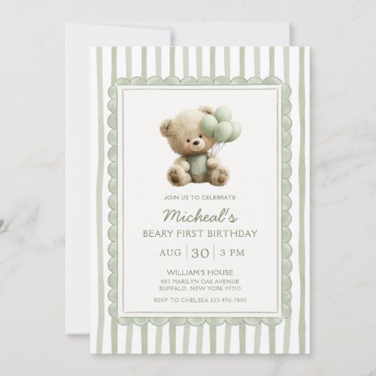 Invitation Sage Green Stripe Beary First Birthday (Devant)